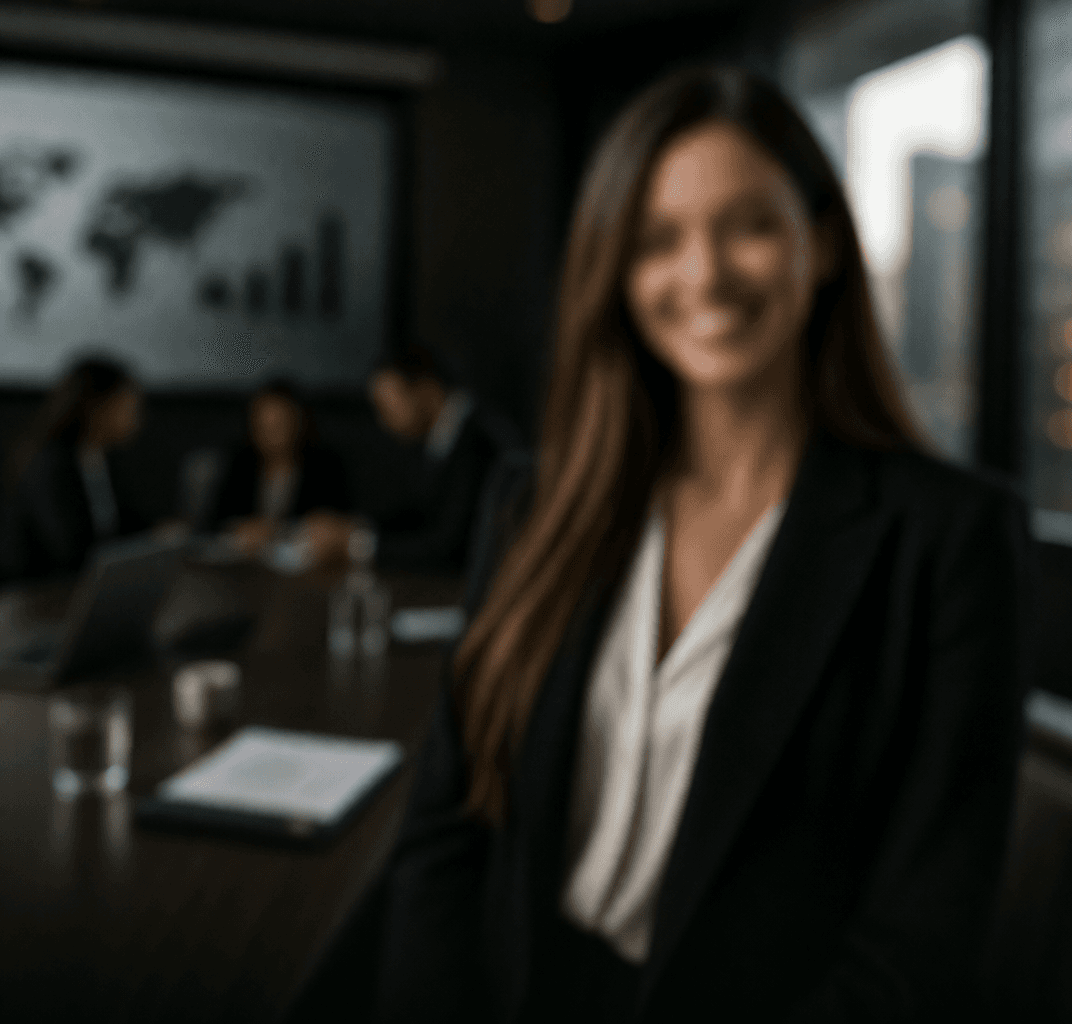 Donna d'affari sorridente in primo piano con colleghi e mappa del mondo in ufficio.