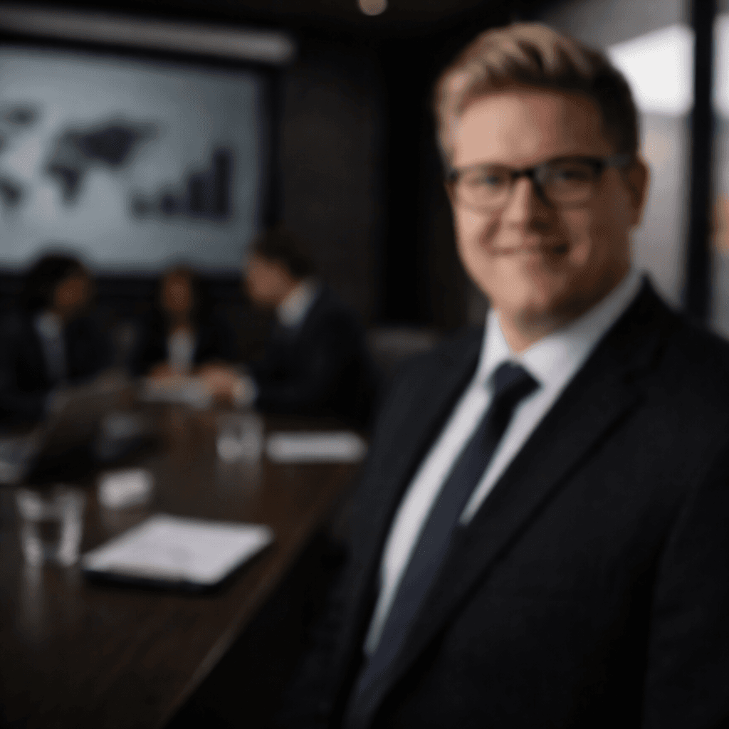 Uomo sorridente in abito e occhiali, con colleghi sfocati in una sala riunioni aziendale.